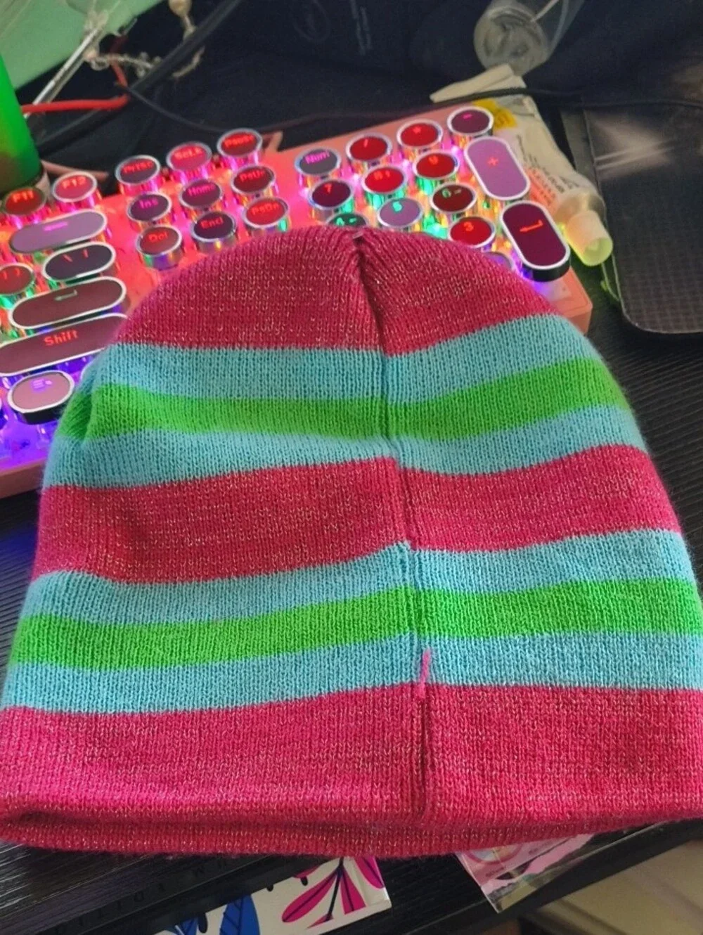 Girls' Paw Patrol Pink & Teal Striped Beanie + Mittens Set